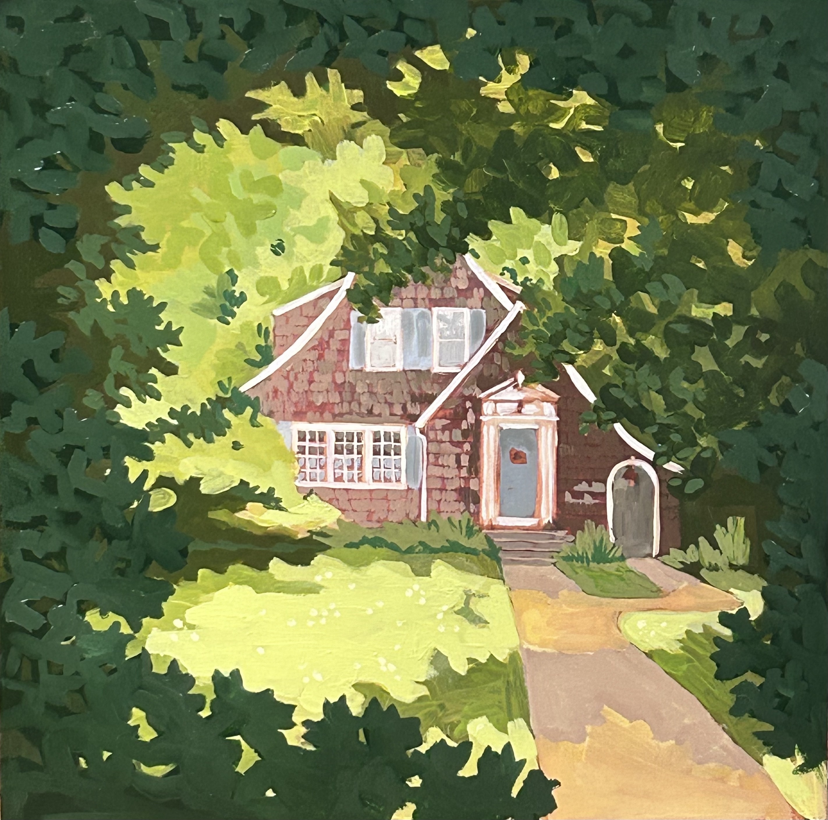 Mixed media image of a house surrounded by trees