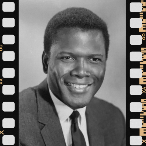 Black and white photo of Sidney Poitier in a suit