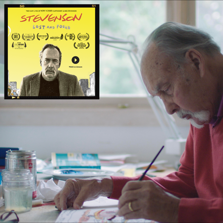 Photo of artist working at a table and documentary cover