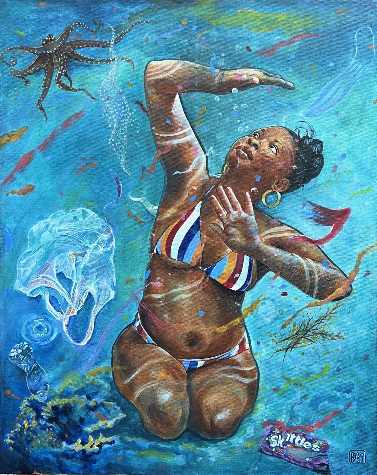 Painting of a woman underwater